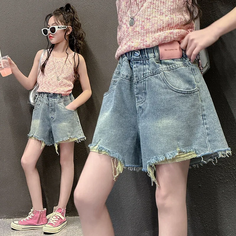Girls' Stylish Summer Broken Denim Shorts Children's Trendy Outerwear Short Pants Kids Fashionable Short Trousers Mini Jeans
