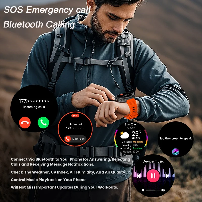 GPS ساعة ذكية 3ATM مقاوم للماء 1.43 بوصة AMOLED HD شاشة بلوتوث دعوة مصباح يدوي الرياضة العسكرية ساعة ذكية للرجال 2025 جديد