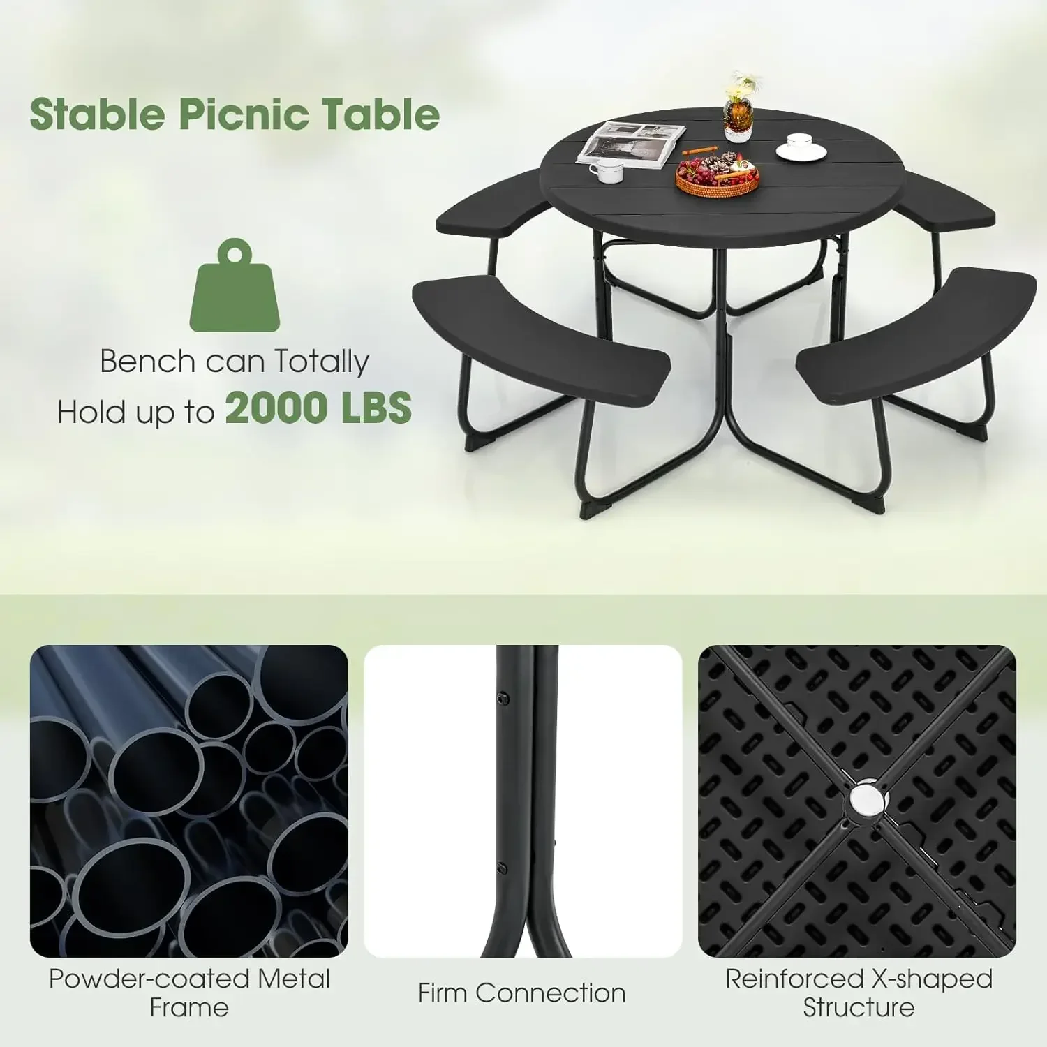 Set tavolo da picnic per fino a 8 persone, tavolo rotondo da esterno e panca con foro per ombrellone, piano in HDPE e struttura in metallo, (nero)