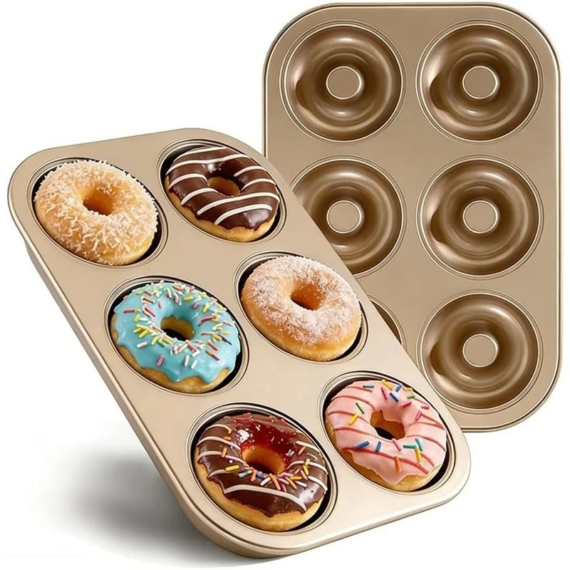 Mini Bagel Mold 6 Cavity Heavy Duty Steel, 2 Pack Nonstick Donut Pan Oven Safe Doughnut Baking Tray(Gold, 6 Cup)-A46I