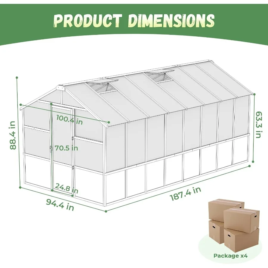 6x8FT Walk-in Greenhouse, Polycarbonate Green House for Outdoor