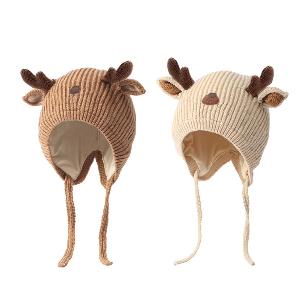 

От 0 до 2 лет, милая детская шапка с рогами лося, зимняя теплая шерстяная вязаная шапка для мальчиков и девочек, защитные шапки для ушей, детская шапка, шапочки, капот