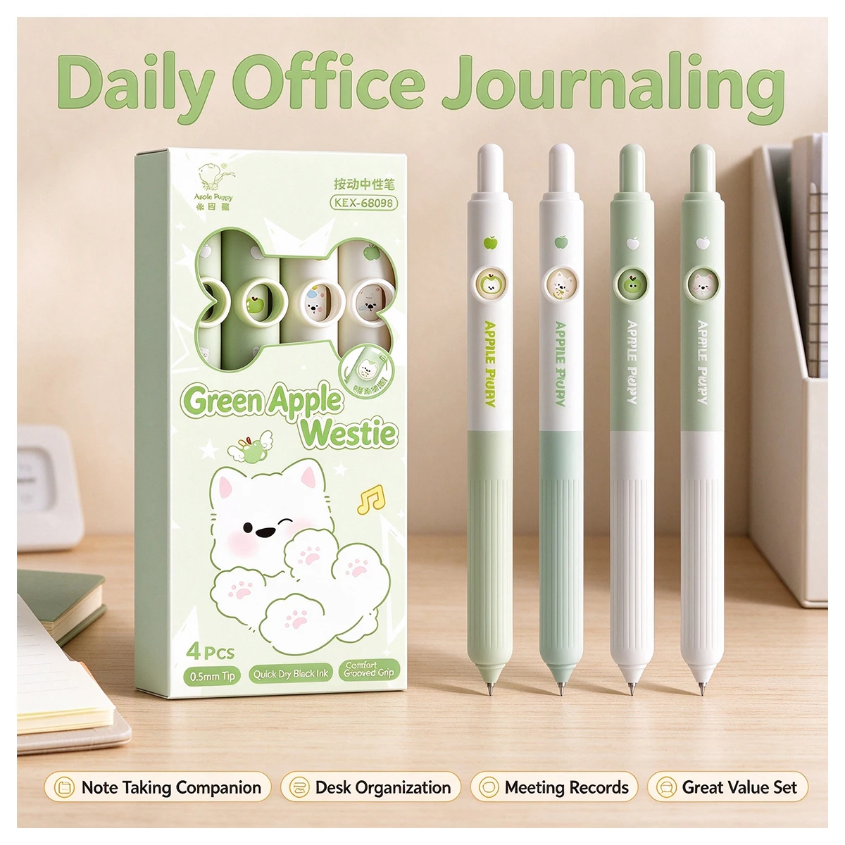 Apple Puppy Retractable Gel Pens, 4 Pack 0.5mm Quick Dry Black Ink, Comfort Grooved Grip, Fun Rotatable Face Design for Office