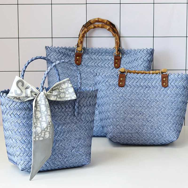 

Повседневные тканые сумки большой емкости с бамбуковой ручкой, вязаная крючком сумка, повседневные женские сумки-тоут для покупок, пляжная сумка для отпуска