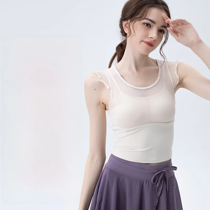 

Women's Quick-Drying Breathable Yoga Vest Mesh Top with Chest Pad Pure Naked Style Sports Fitness Clothing Short Sleeve
