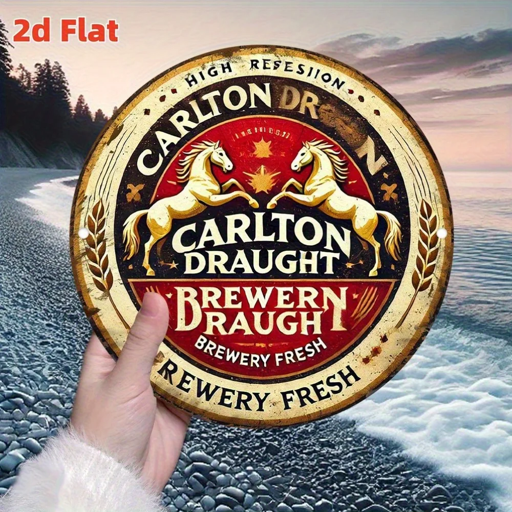 [2D Flat] Cartel de chapa de metal vintage Carlton Draught Brewery - Decoración de pared de aluminio rústica con caballos dorados, diseño rojo y amarillo -
