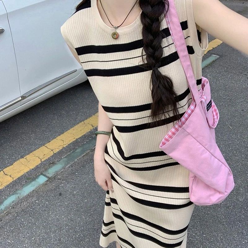 Sleeveless Knitted Long Dress Women Striped Tank Sexy Casual Korean All-match Summer Chic Fashion