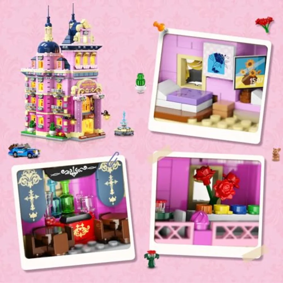 Pink Estate House Building Set with Lights, 3 Style Pinkspire Construction Model with Car Fountain, 1815 PCS Friends Villa Castl