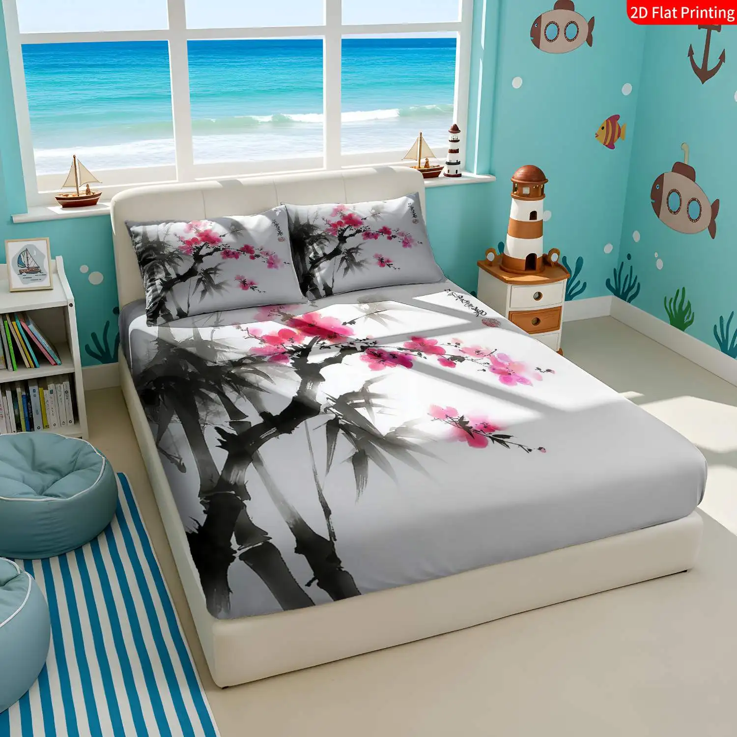 3-Piece Mattress Protector Set, 2D Flat Printed Fitted Sheet, Ink Painting Bedding, Plum Blossom and Bamboo Watercolor Floral Calligraphy Bed Sheet, Home Bedroom Decoration, Holiday-Themed Fitted Sheet and Pillowcase, Mattress Protector, Stain-Resistant, Mattress Cover Suitable for All Seasons, Machine Washable and Easy to Care For, Universal for Home Bedroom, Essential for Dormitory Rentals, Master Bedroom and Guest Room Decoration, Dust-Proof and Dirt-Resistant, High Elasticity, Fits Various Sizes