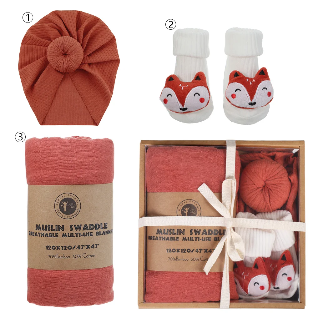 4Pcs/Box Baby Socks Turban Hats Solid 120cm*120cm Muslin Cotton Saddle Newborn Gifts Elephant Fox Sheep Legging Sock