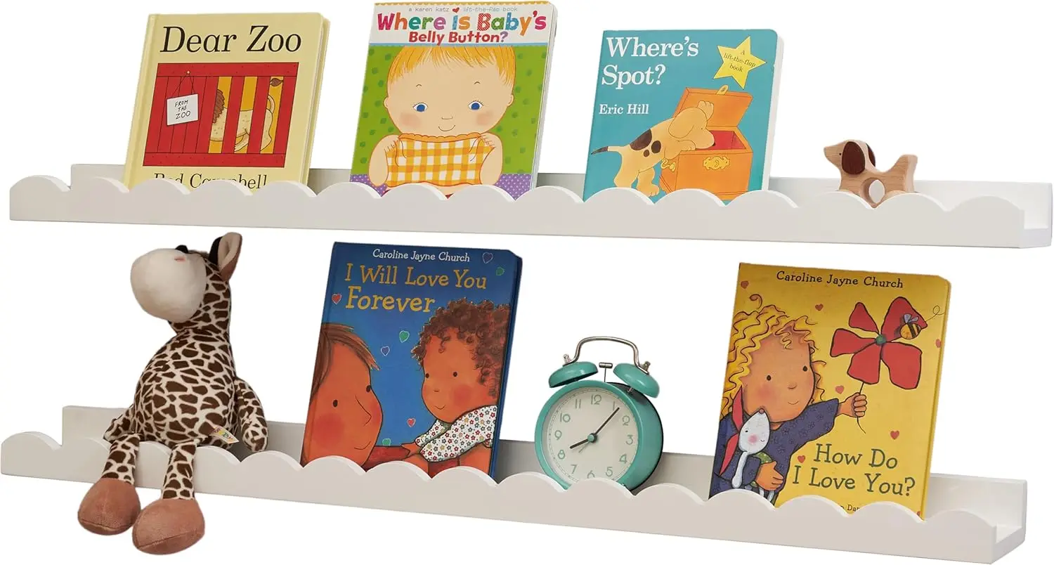 

Набор из 2-х полок из массива сосны с волнистым краем для детской комнаты, яслей или спальни - белые, 36 дюймов