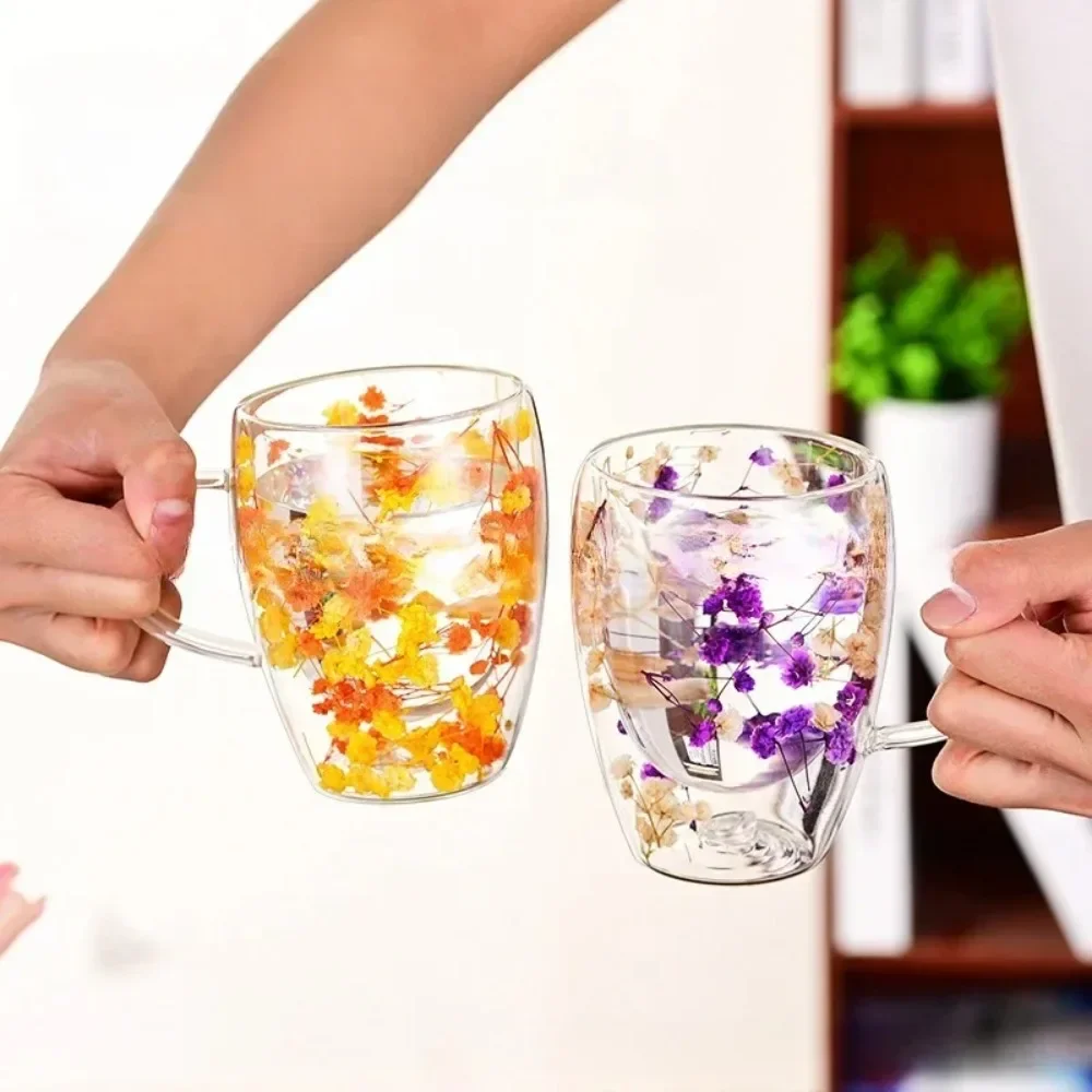 Dried Flower Double Walled Glass Mug Cup Coffee Mug with Dry Flowers Decorative Creative Flower Mug Double Wall Flower Cup