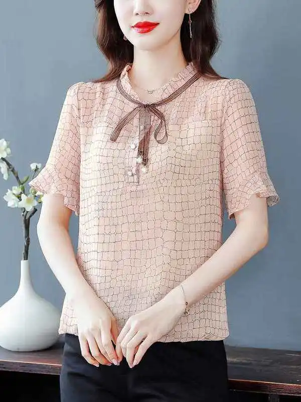 

Summer New Women's ort Sve Bronzing Chiffon irt Blouse Cleanfit Sle Floral Pattern Thin Fabric Easy to Deform