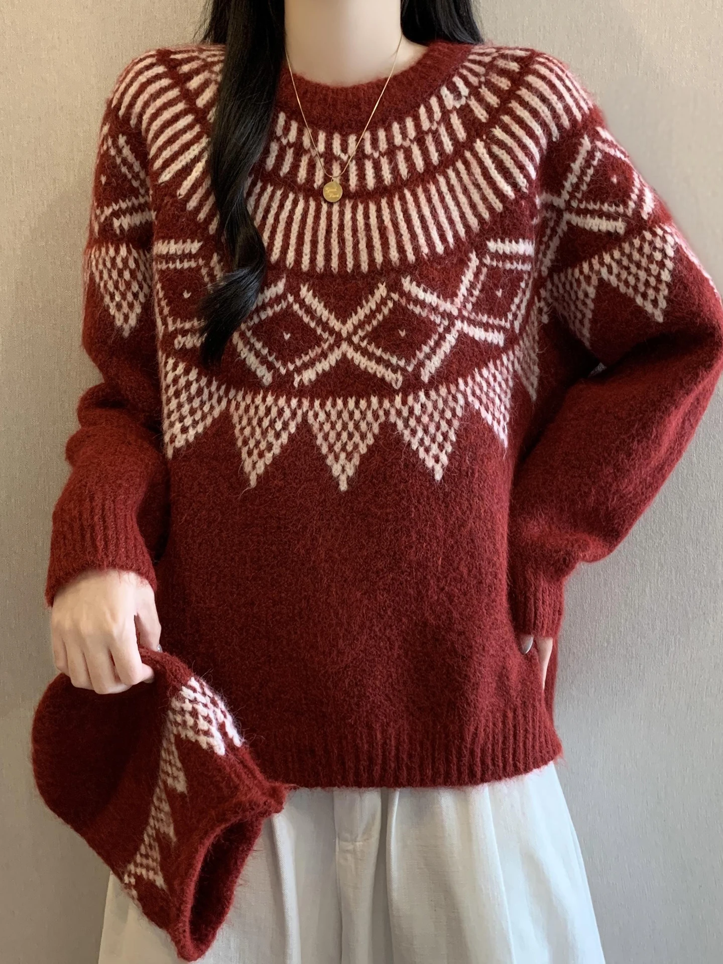 

Red New Year Fair Isle Knitted Sweater Women's plus Size Loose Fit Long Sve Printed Warm Top Commute Sle Autumn Winter