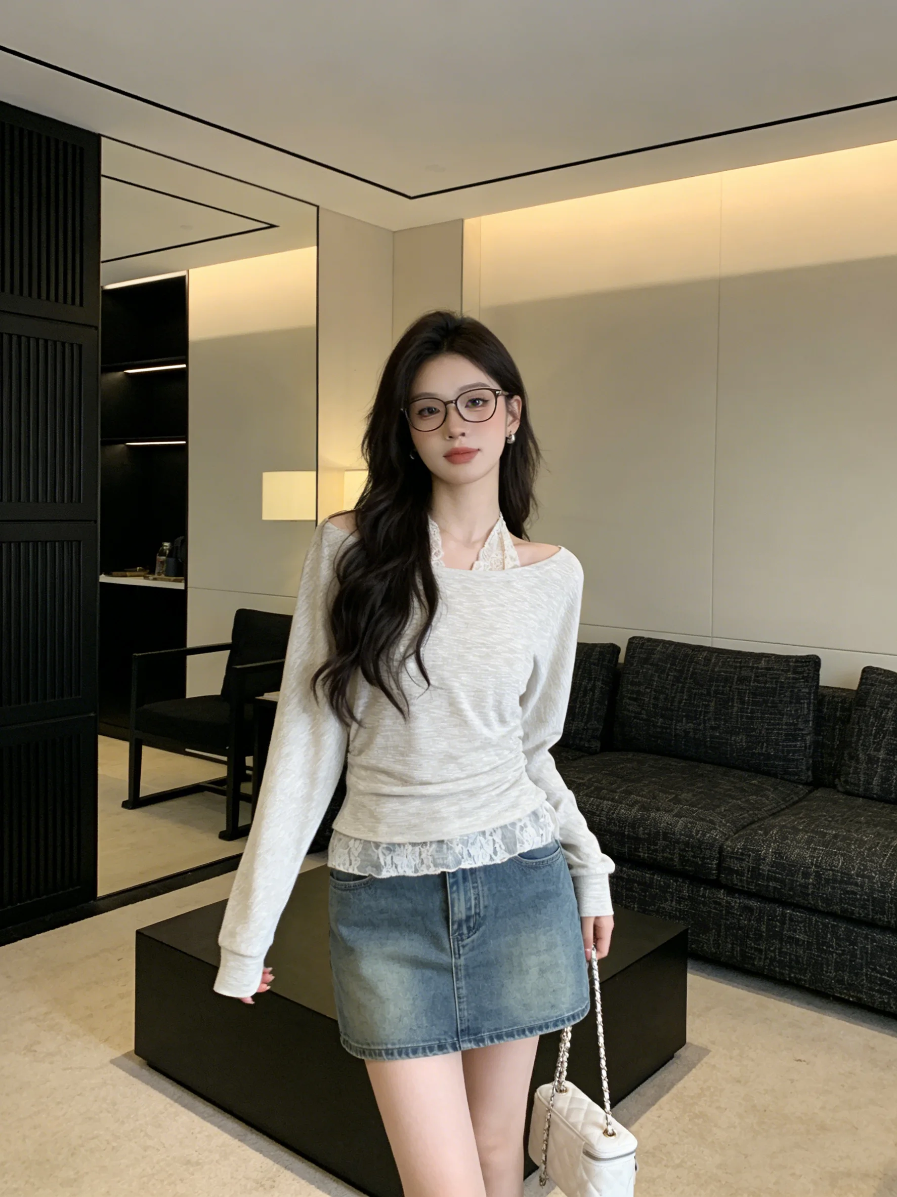 

Korean Sle Lace Trim Knitted Top Slimming Inner Wear ort Sve round Ne Two Piece Set for Early Spring Women's Faion