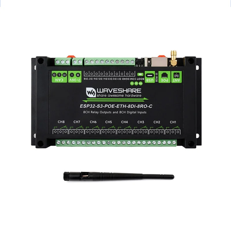 New-Waveshare Industrial 8CH Wi-Fi Network Relay ESP32-S3 ETH-8DI-8RO-C Support RS485 Bluetooth Or Wi-Fi Remote Control