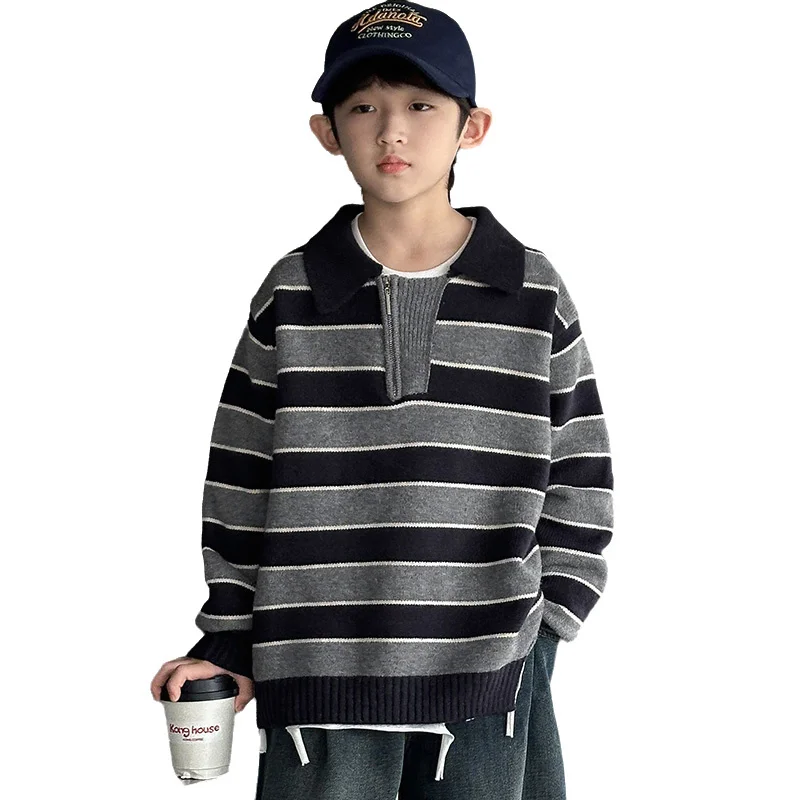 

New Design Kids Half-lock Sweater With Zipper For Boys Elegant Spring Striped Polo Knitwear Teenage Child Polosweater 5-14 Years