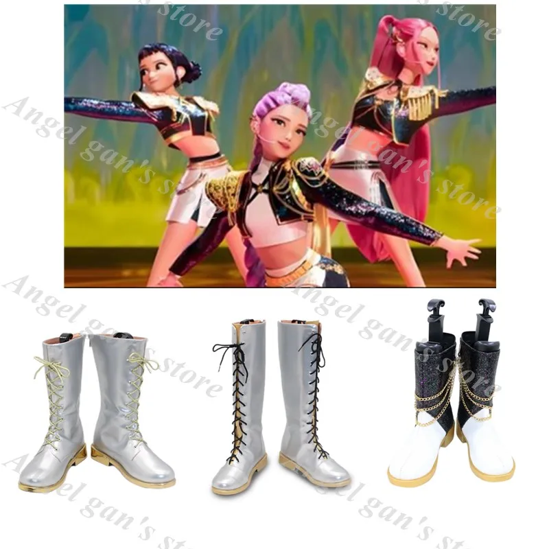 

KPop Demon Hunters HUNTR/X Zoey, черный, золотой танцевальный наряд, обувь, ботинки для косплея, детские сапоги на Хэллоуин, карнавал