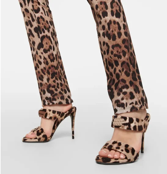 

Leopard Print Open Toe Single Straps Sandals Slip-On Stiletto Heels Hollow Shallow Summer Women's Cool Sexy Shoes