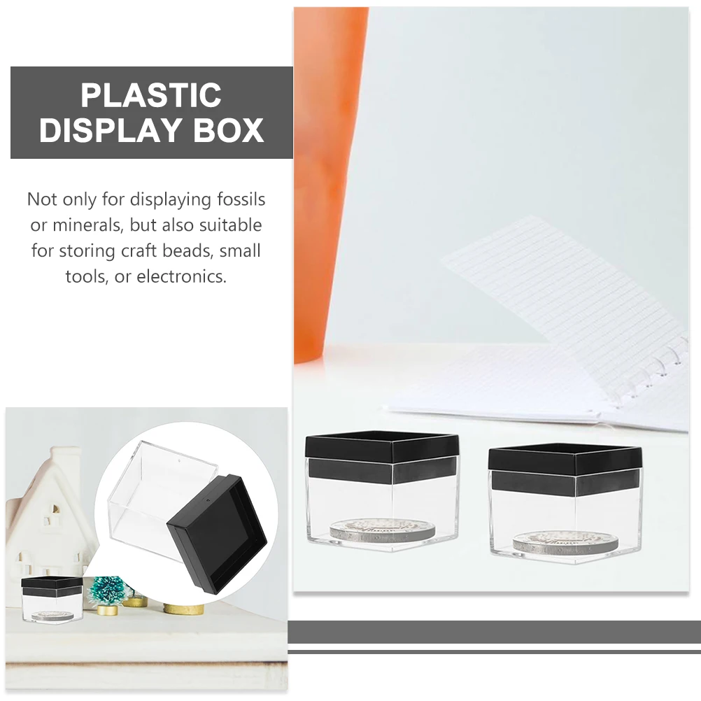 

12 Pcs Square Transparent Boxes 42x42x33mm Black Base Specimen Display Case Mineral Container Clear Plastic Box