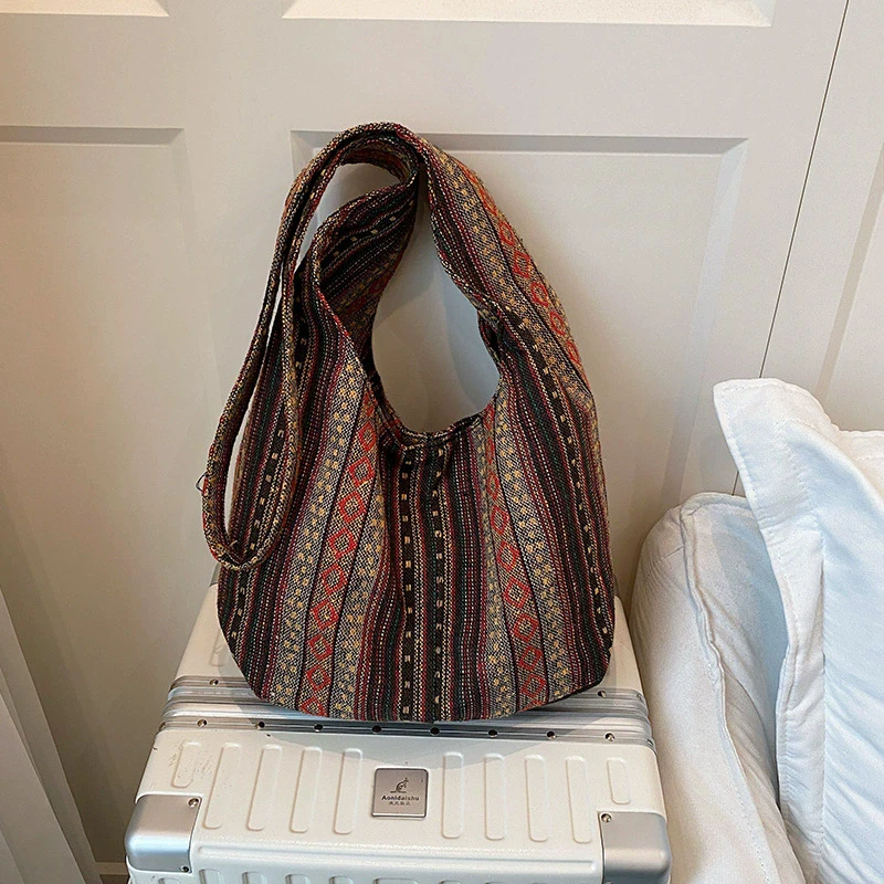 Women's Boho Chic Aztec Tote Bag Ethnic Sling Crossbody Shoulder Purse for Work Travel Lady Knitting Canvas Gypsy Hippie Bag