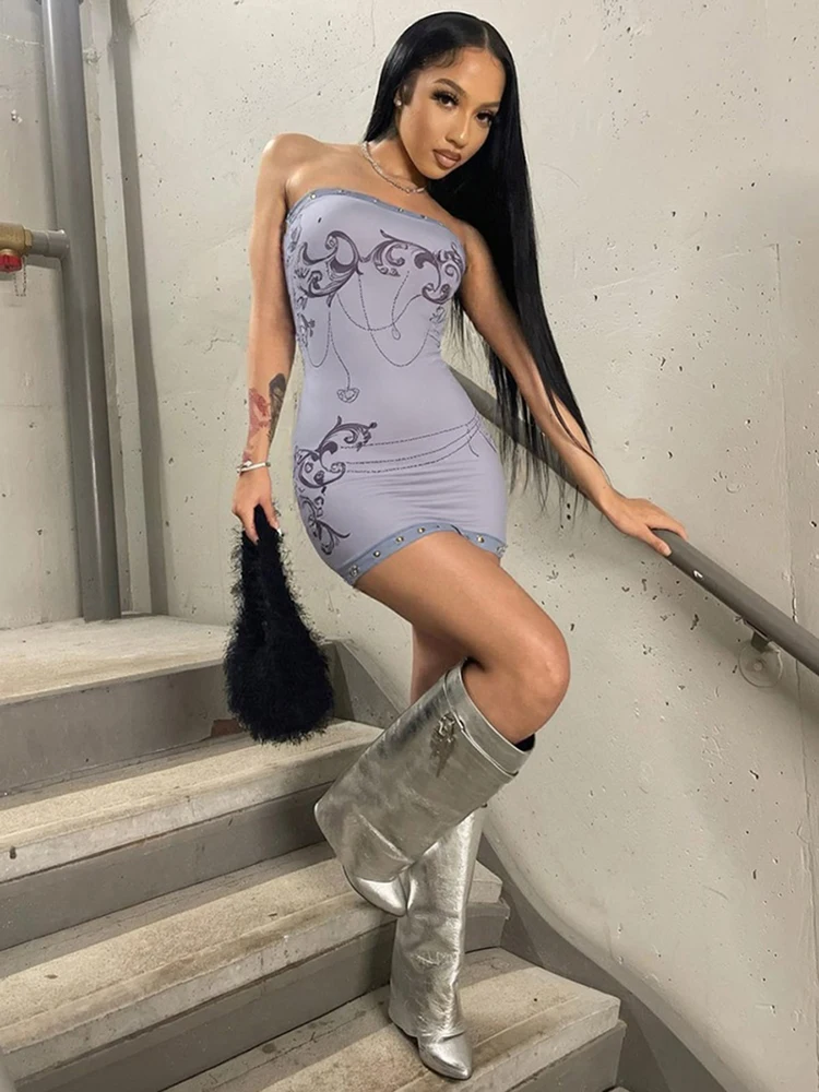 Weird Puss Metal Rings Dress Women Skimpy Backless Strapless Patchwork Graphic Print Sexy Midnight Clubwear Party Mini Bodycon