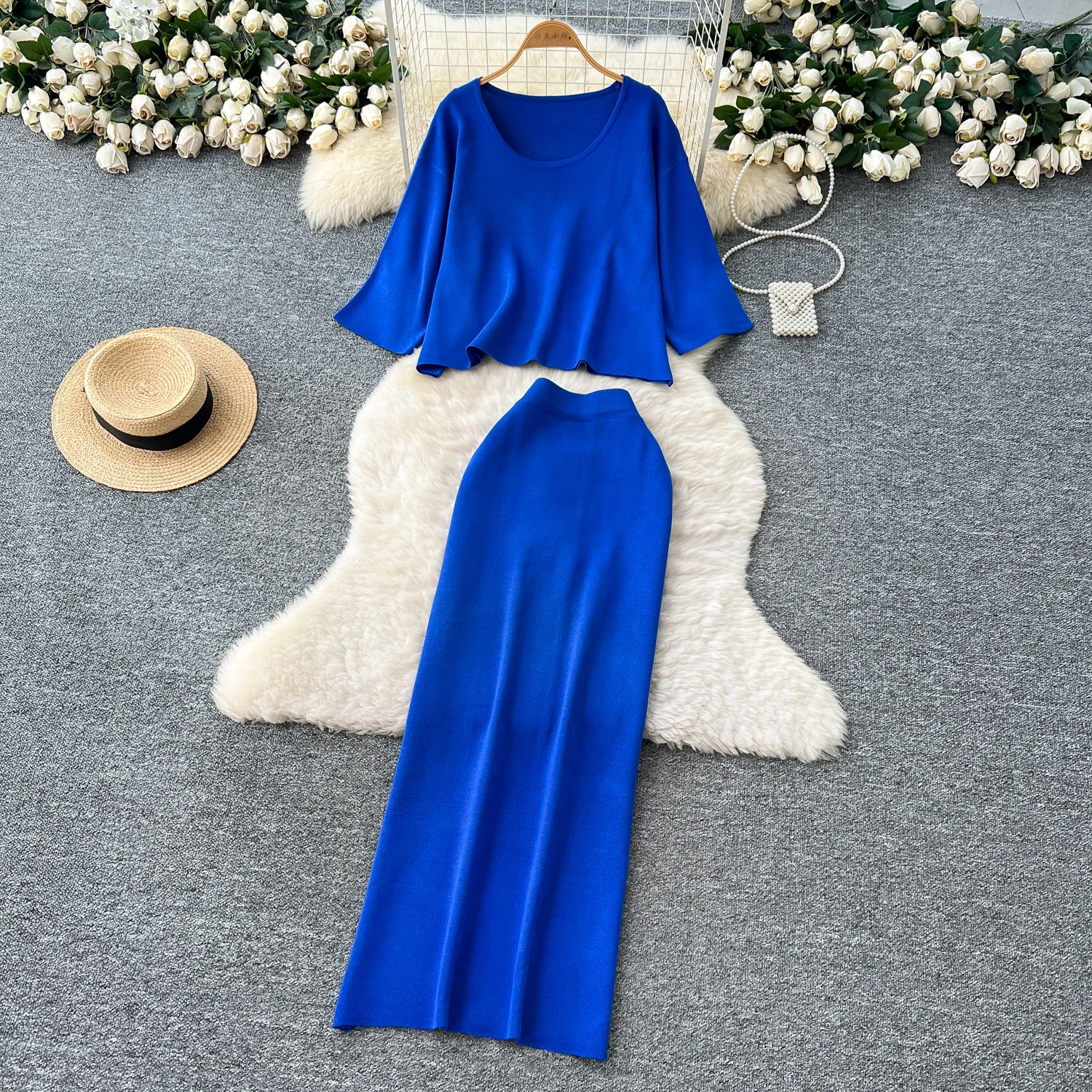 

Chic vintage Knit loose slim solid korean fashion women clothing autumn pencil dress Two Piece Set