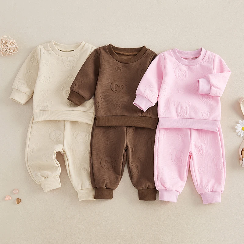 

2024-09-14 Lioraitiin Toddler Boys Girls Pants Set Bear Pattern Long Sleeve Fleece Sweatshirt Long Pants 2-Piece Fall Outfits