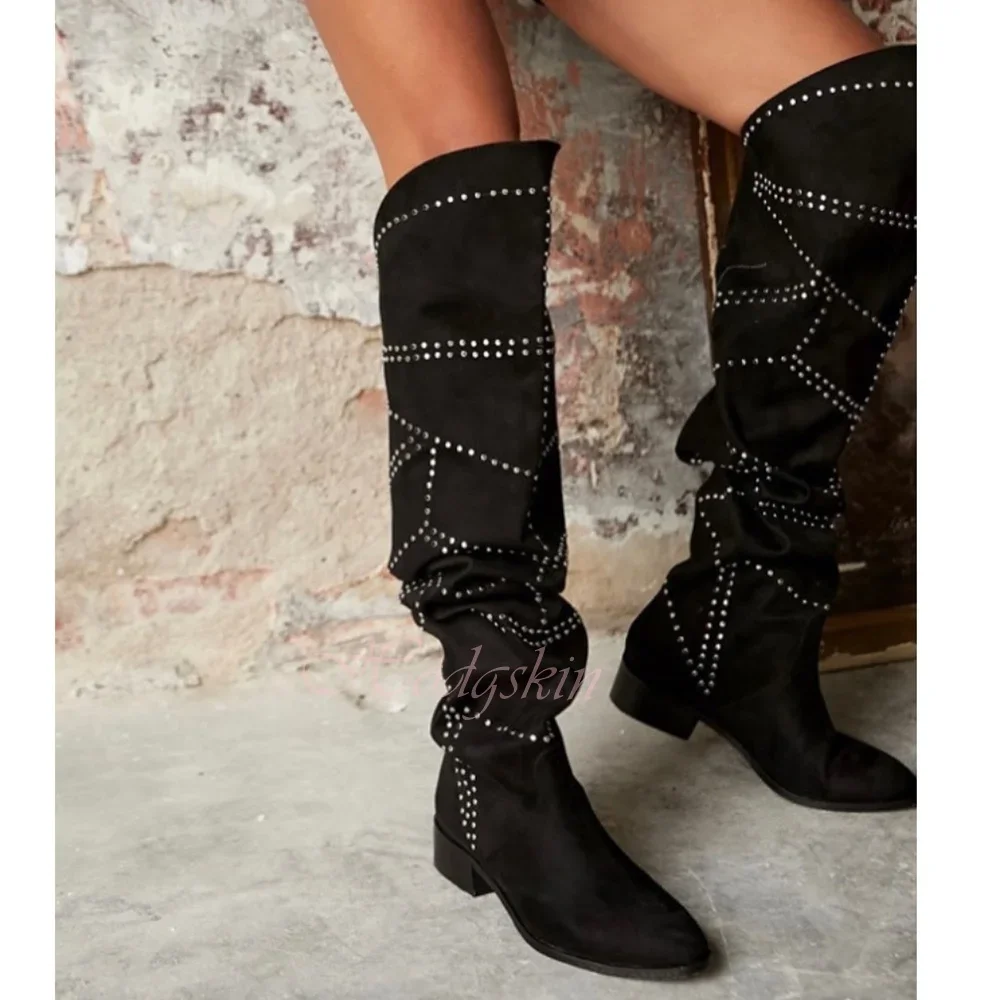 

Crystal Chunky Heels Boots Rivet Pointed Toe Suede Solid Slip On Knee High Boots Women Sexy Shoes Winter Party Designer Med Heel