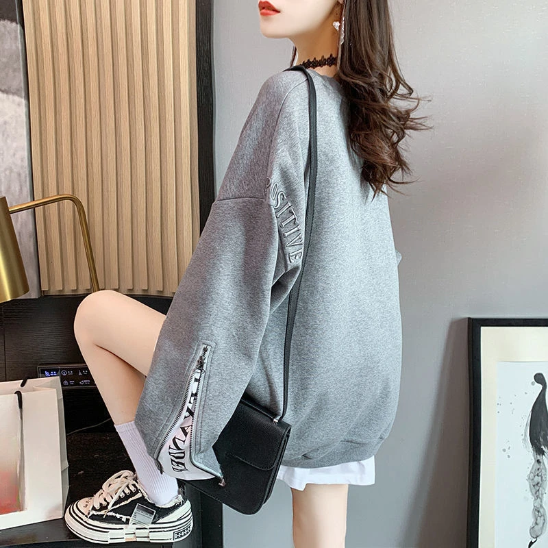 Pullovers Baggy Woman Clothing Grey Black Letter Printing Women\'s Sweatshirt Text Loose Aesthetic Autumn and Winter Top M Emo E