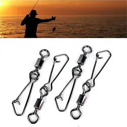 50pcs/lot Stainless Steel Fishing Bearing MS+QL Swivels Interlock Rolling Swivel with Hooked Snap Fishing Hook Connector Tackle
