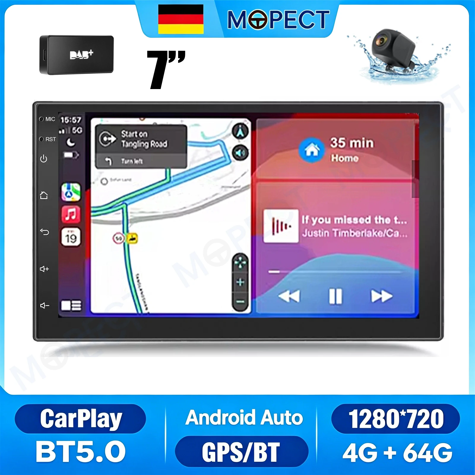 MOPECT Autoradio Universale 2 DIN da 7 Pollici, 4+64GB Android 15, CarPlay, Navigazione GPS, Touchscreen, FM, SWC, Bluetooth+DAB&AHD
