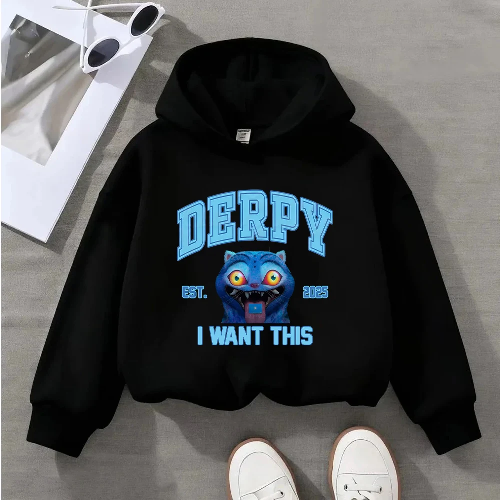 سويت شيرت للأطفال Derpy Cat EST 2025 بغطاء للرأس برسومات ممتعة للأولاد والبنات بلوفر كاجوال بأكمام طويلة
