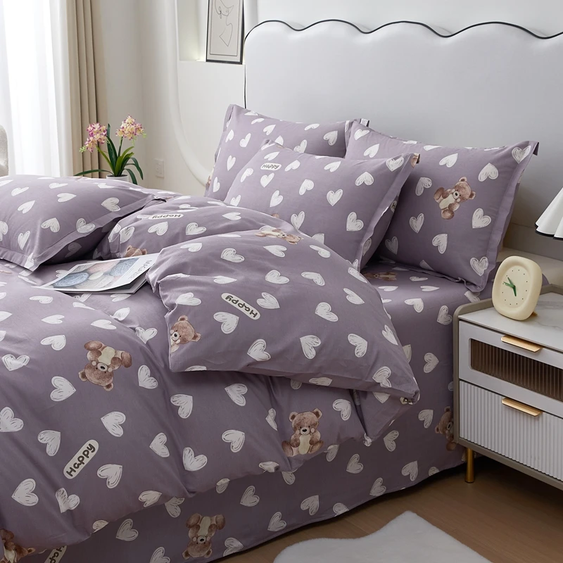 Love Hearts Duvet Cover Cute Bear Printed Cotton Bedding Sets Purple Comforter Cover for Women Men Boys Girls Teens Home Decor