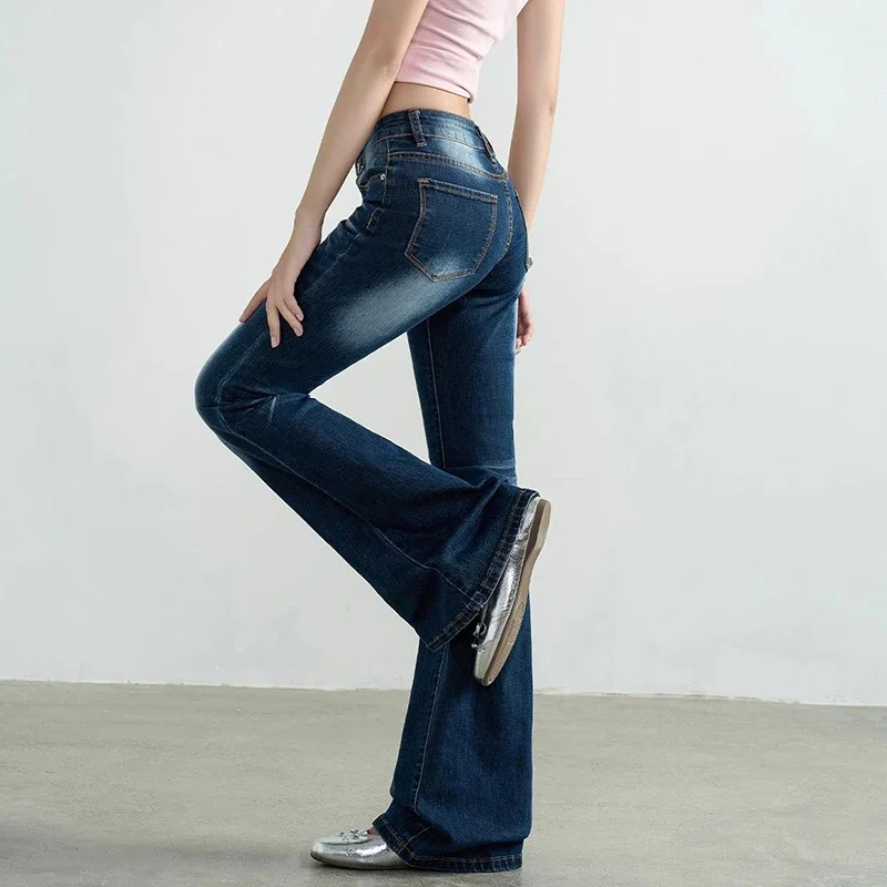 Pantalones vaqueros acampanados ajustados de cintura baja para niñas, pantalones finos elásticos con parte inferior acampanada, pantalones vaqueros de diseñador Retro elegantes para mujer
