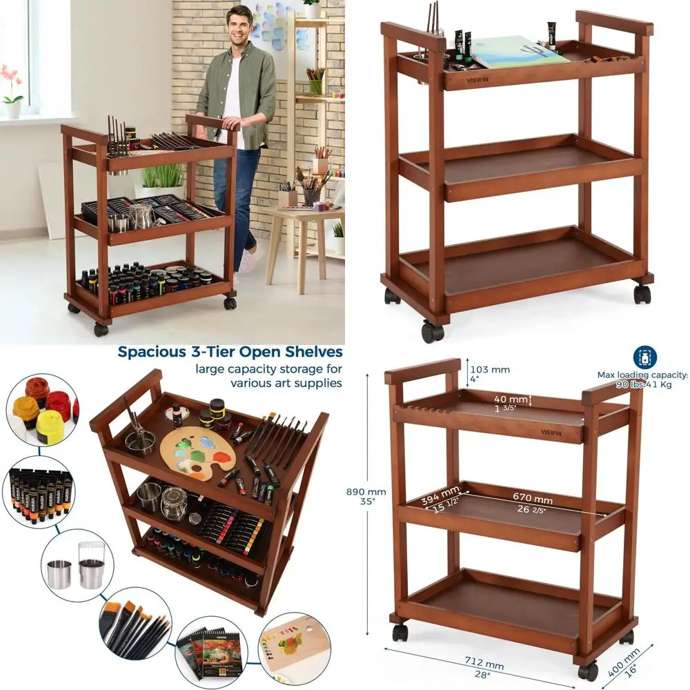 

3-х уровневая тележка для хранения художественных принадлежностей из бука с колесиками для студии и класса
