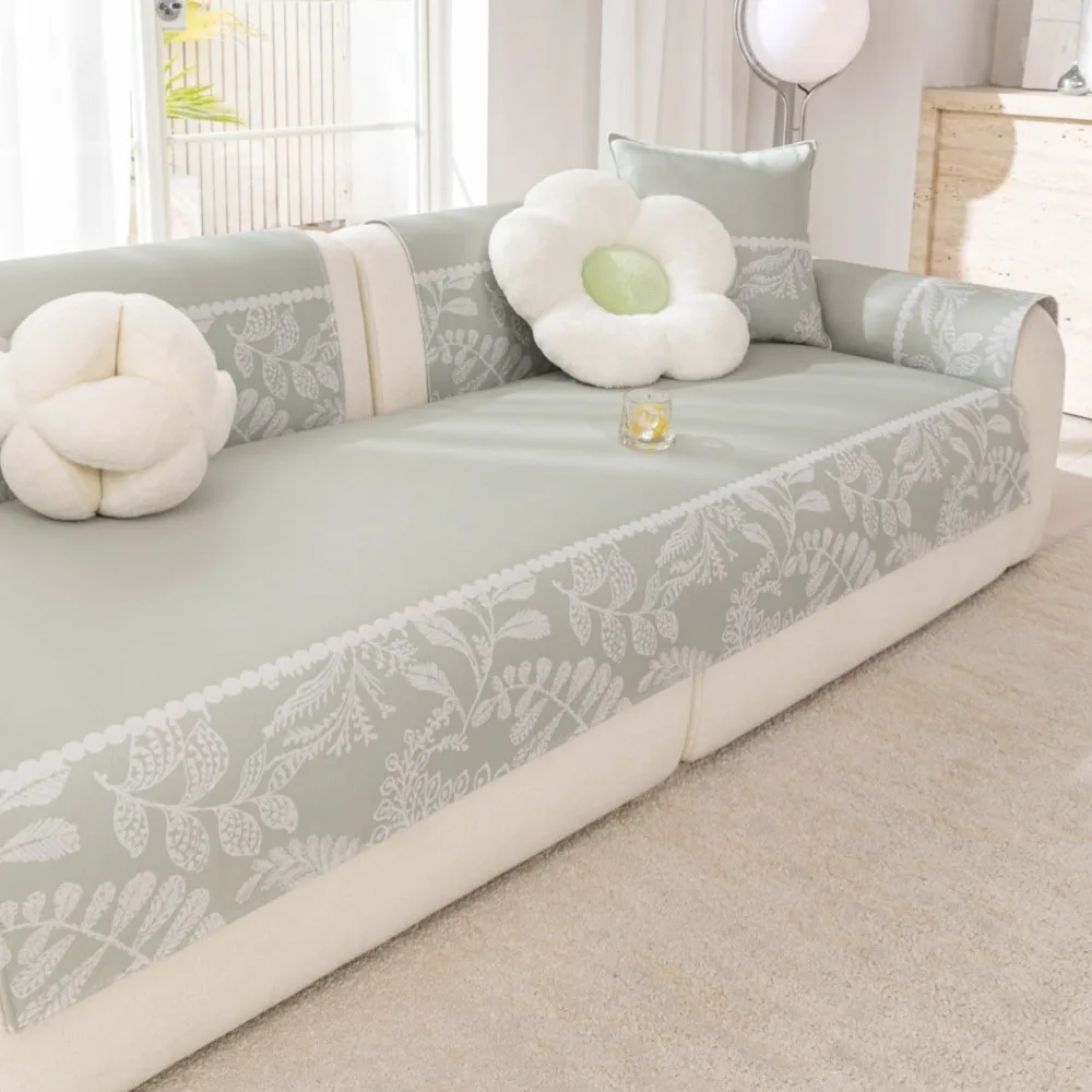 

2026 Summer New Cooling Feeling Ice Silk Sofa Mats Universal Sofa Cushion Breathable Non-Slip Leaves Color Block Sofa Cover