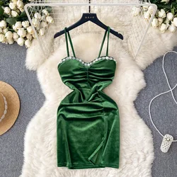 Foamlina Sexy Beading Spaghetti Strap Party Dress for Women Elegant Sleeveless Backless Slim Bodycon Evening Club Velvet Dress