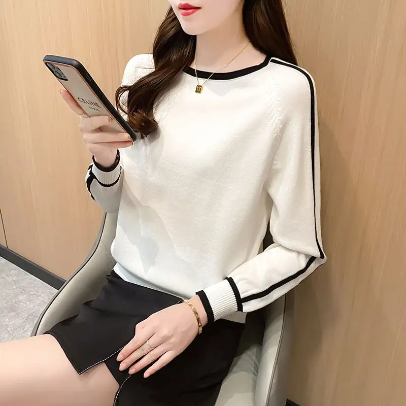 Office Lady Spring Autumn Solid Color Lantern Long Sleeve Pullover Women\'s Clothing Round Neck Casual Loose Sweater Knitted Tops