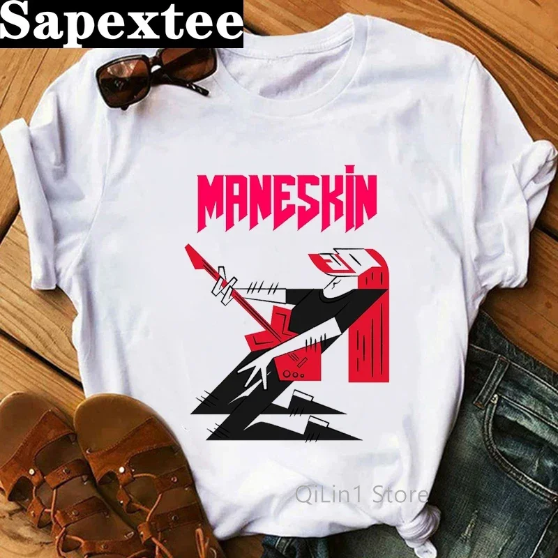 Maneskin ในฤดูร้อนที่น่ารักใหม่ผู้หญิงลำลอง Damiano David เสื้อผู้หญิงสีขาวแขนสั้นคอกลมสีขาว