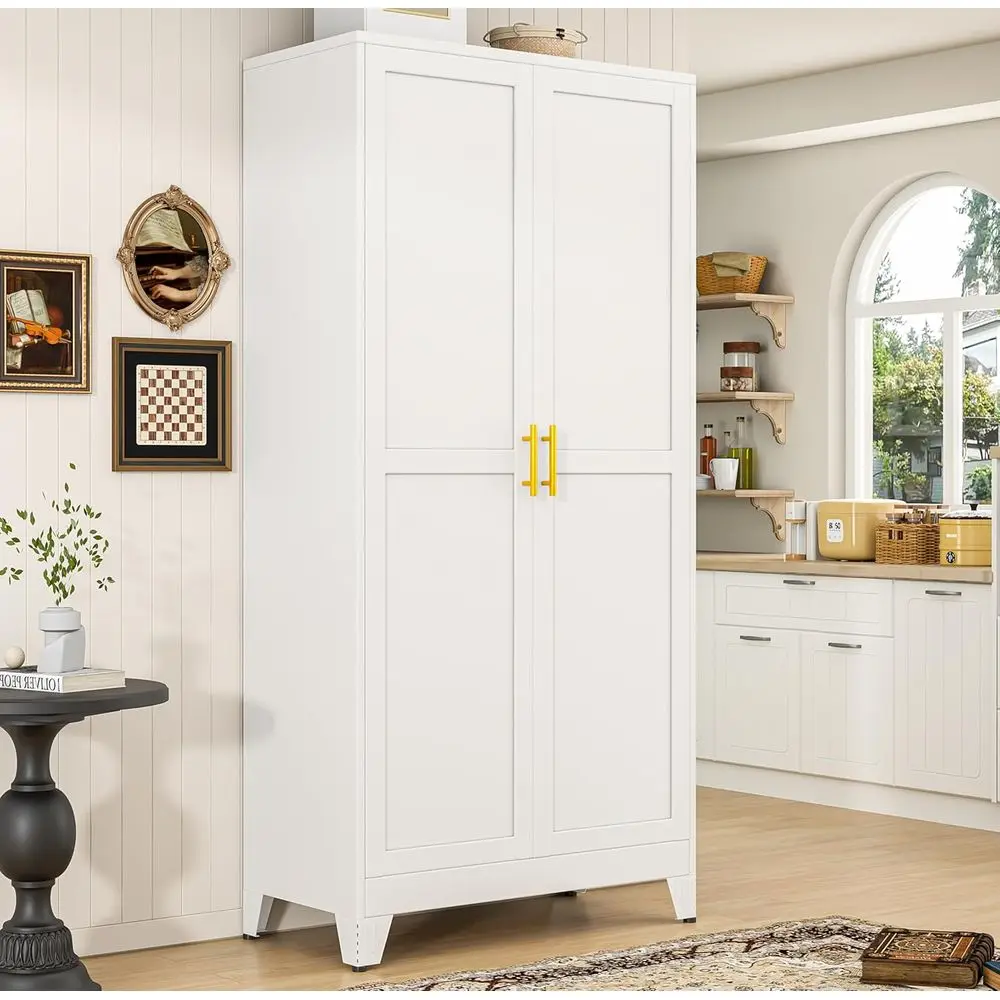 

Белый металлический кухонный шкаф-пенал 75 см с 5 регулируемыми полками и 2 ручками для гостиной, кладовой, ванной комнаты или кухни