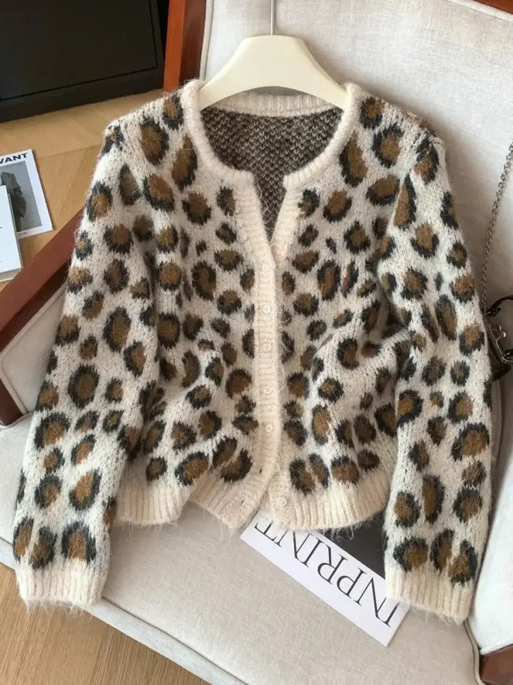 Vintage Fashion Women Leopard Print Long Sleeve Cardigan Sweater Autumn Winter Single Breasted Versatile Knitwear Short Tops Y2k