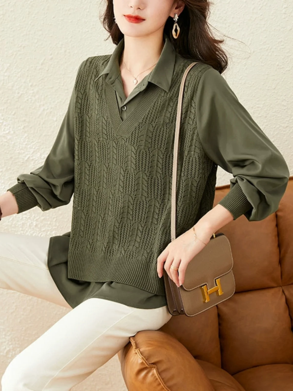 

Spring Autumn Large Size Knitted Sweater Long Sve Collar Patchwork Fem Loose Fit Mid-Length Fake Two-Piece Sle K...