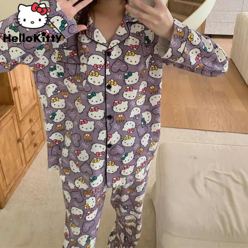 Sanrio Hello Kitty Japanese Style Long Sleeved Sleepwear Cute Cartoon Printed Home Clothes Women\'s Spring Autumn Pure Cotton Set