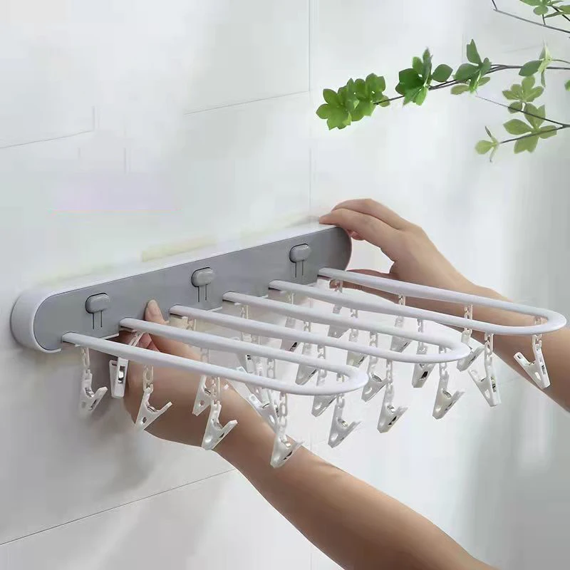 

Foldable Drying Hanger Rack Wall-mounted Free Punch 24 Hooks Socks Underwear Racks Balcony Bathroom Toilet Laundry Supplies