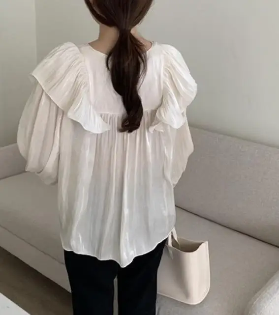 

Autumn Women's Commuting Leisure Personalized Pleated Edge Design Fashionable Lantern Sleeves Pleated Cotton Linen Chiffon Shirt