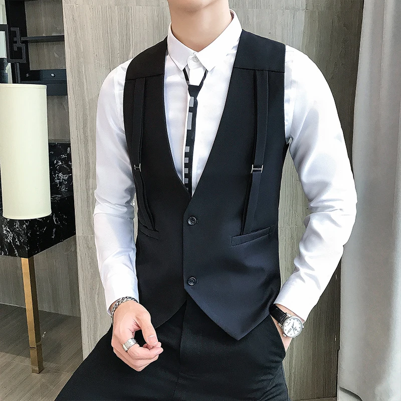 Brand Strap Decorative Vest Men Casual Sleeveless Vests Slim Fit Prom Party Disco Waiter Nightclub Dress Vest Tuxedo Gilet Homme