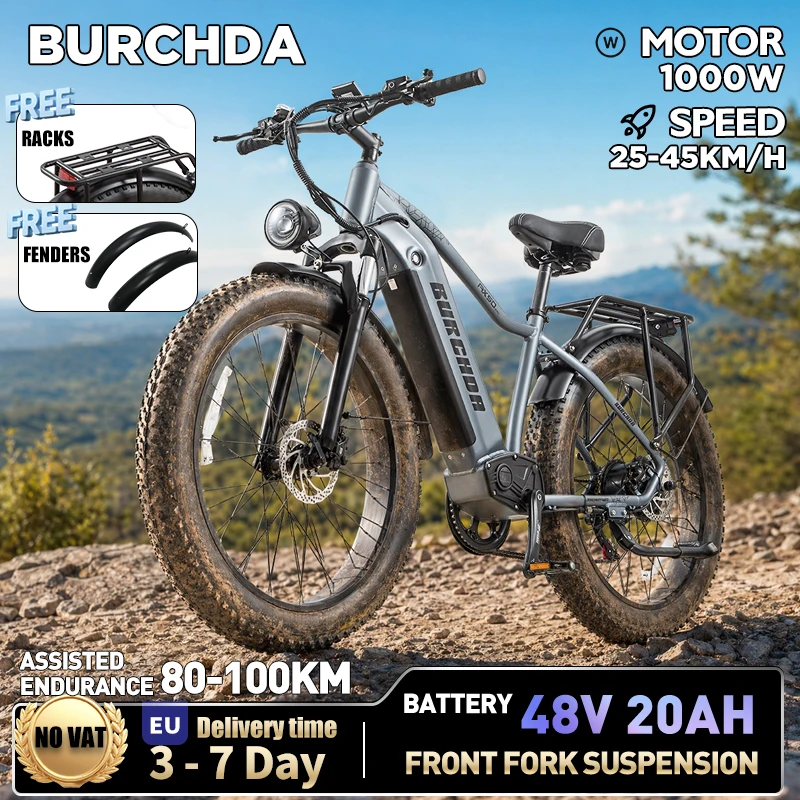 Vélo électrique de montagne BURCHDA RX50 1000W 45KM/H, batterie lithium 48V20AH, pneus larges de 26 pouces, vélo électrique pour adultes, moto électrique