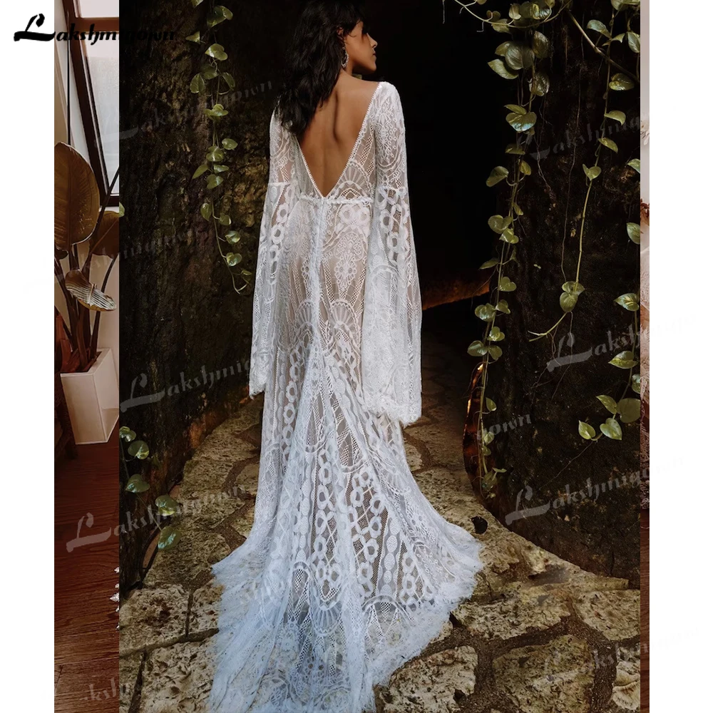 Bohemian Bell Mouwen Strand Jurk Elopement Plunning V-hals Trouwjurk Elegante Bruidsjurken Tule Chiffon Applicaties