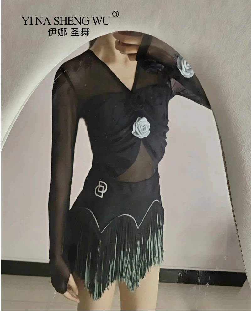 Latin Dress for Girls Flamenco Long Sleeves Top Fringe Skirt Set Costume Child Samba Lamba Dance Suit Training Professional